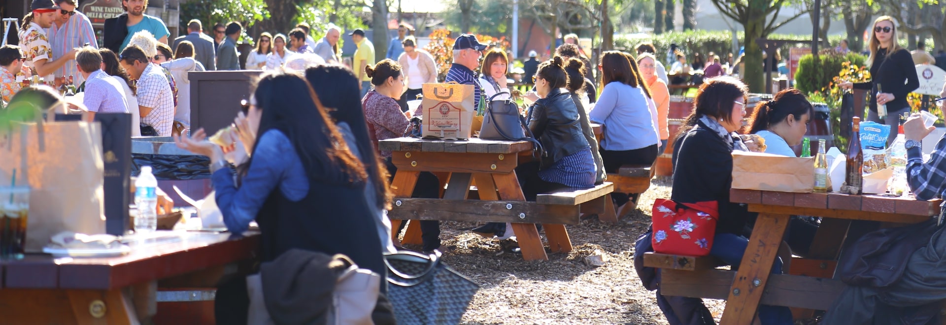 group of adults at picnic tables eating lunch